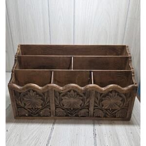 Vtg 70s LERNER Carved Faux Wood Letter Holder Mail Organizer Storage Caddy Desk